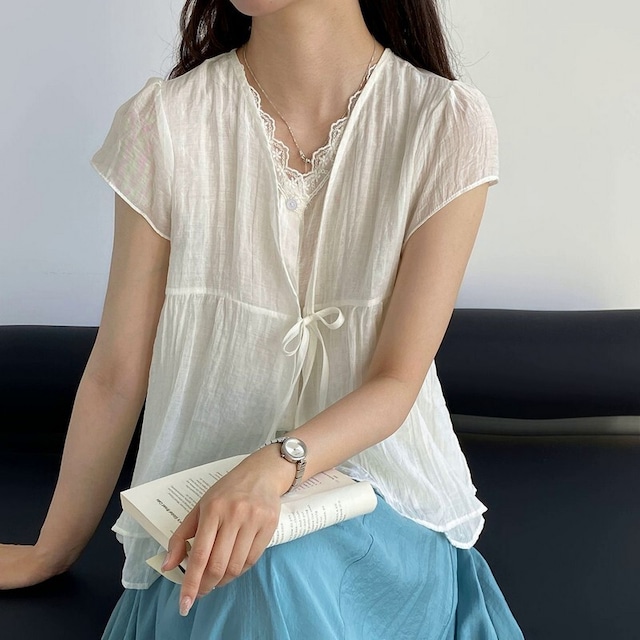 Fake Two-Piece Lace & Ribbon トップス [26010424]