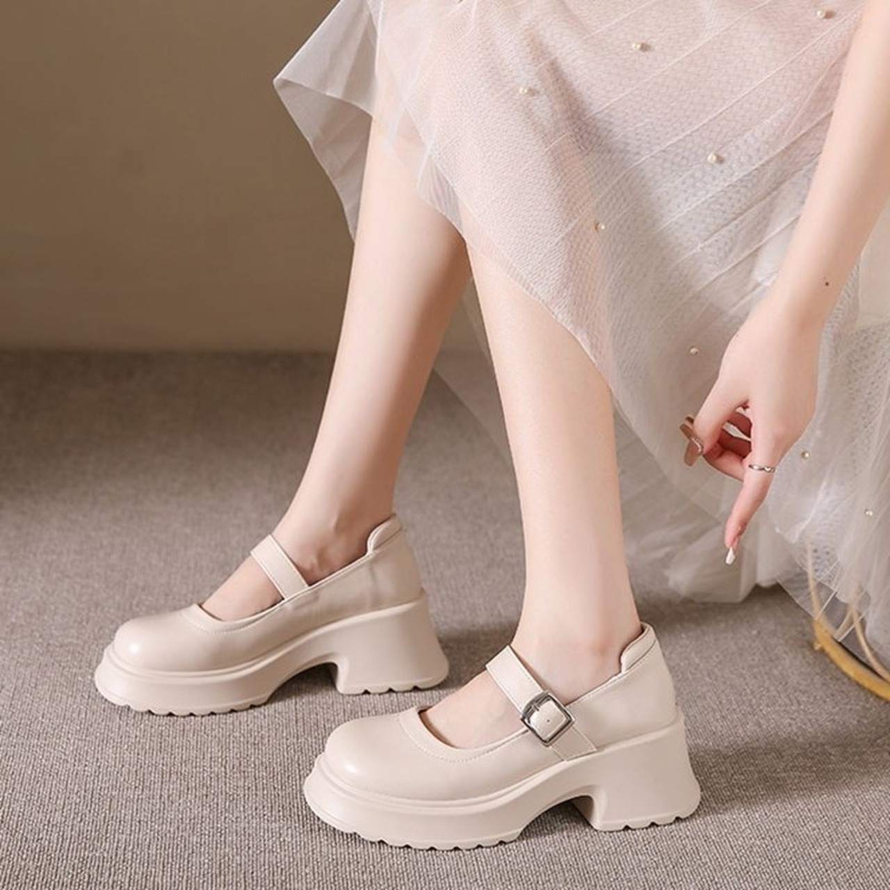 ストラップ  厚底 プレーントゥ シューズ  90015