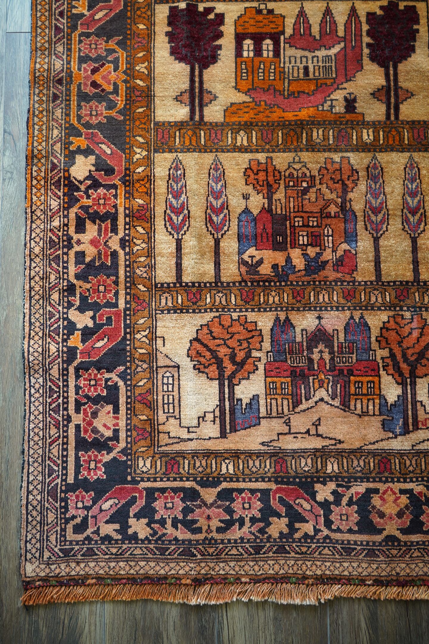 856】Vintage Afghan Baluch pictorial rug 1980's | ヴィンテージラグ