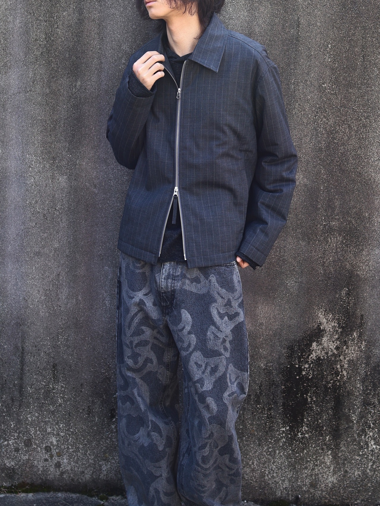 【26aw/ROLDSKOV】zip up slim shirt light grey stripes
