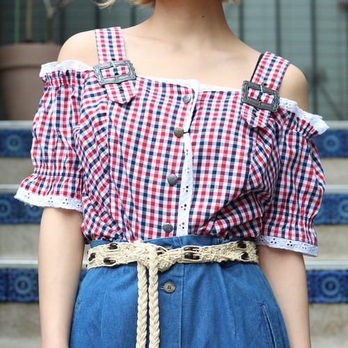 EU VINTAGE CHECK PATTERNED TYROLIAN BLOUSE/ヨーロッパ古着チェック柄チロリアンブラウス