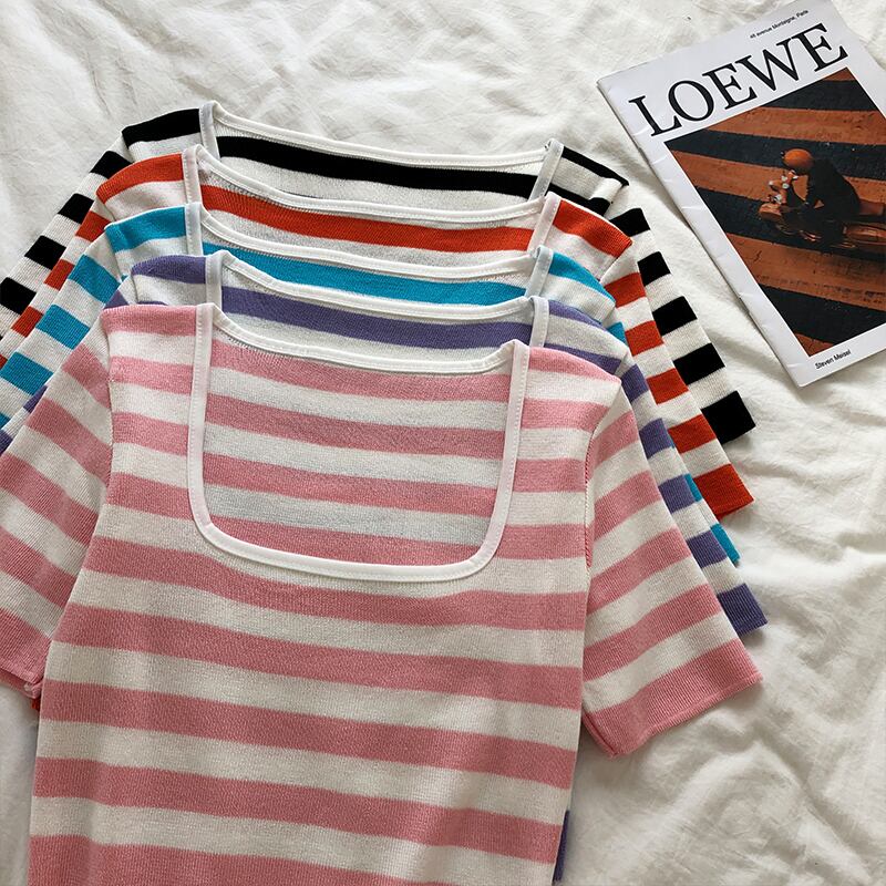 ストライプ半袖スリーブTシャツ レディースサマーカラースリムニットトップス ショート ハーフスリーブ 夏物 スクウェア クレセントシティ72855762098