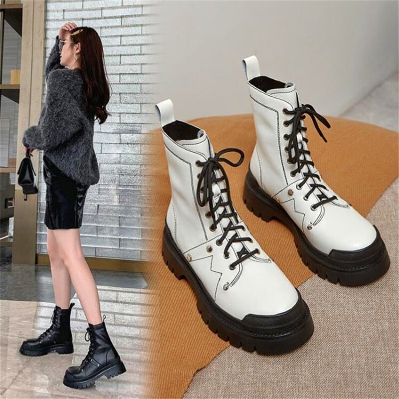 【新作】【送料無料】 縫製レディースハイヒールブーツ厚底レースアップブーツ黒と白のショートブーツレディースブーツ ホワイト ブラック 靴 シューズ 10b380020525370