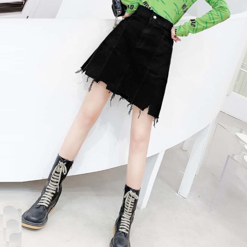 ラージサイズのファットmmフレンチスタイルのジャンパーデザインセンスは、オールマッチを高めるために薄いデニムスカートの女性のeignスタイルの擦り切れたスカートと肥料です ミックスインファッション82438264054