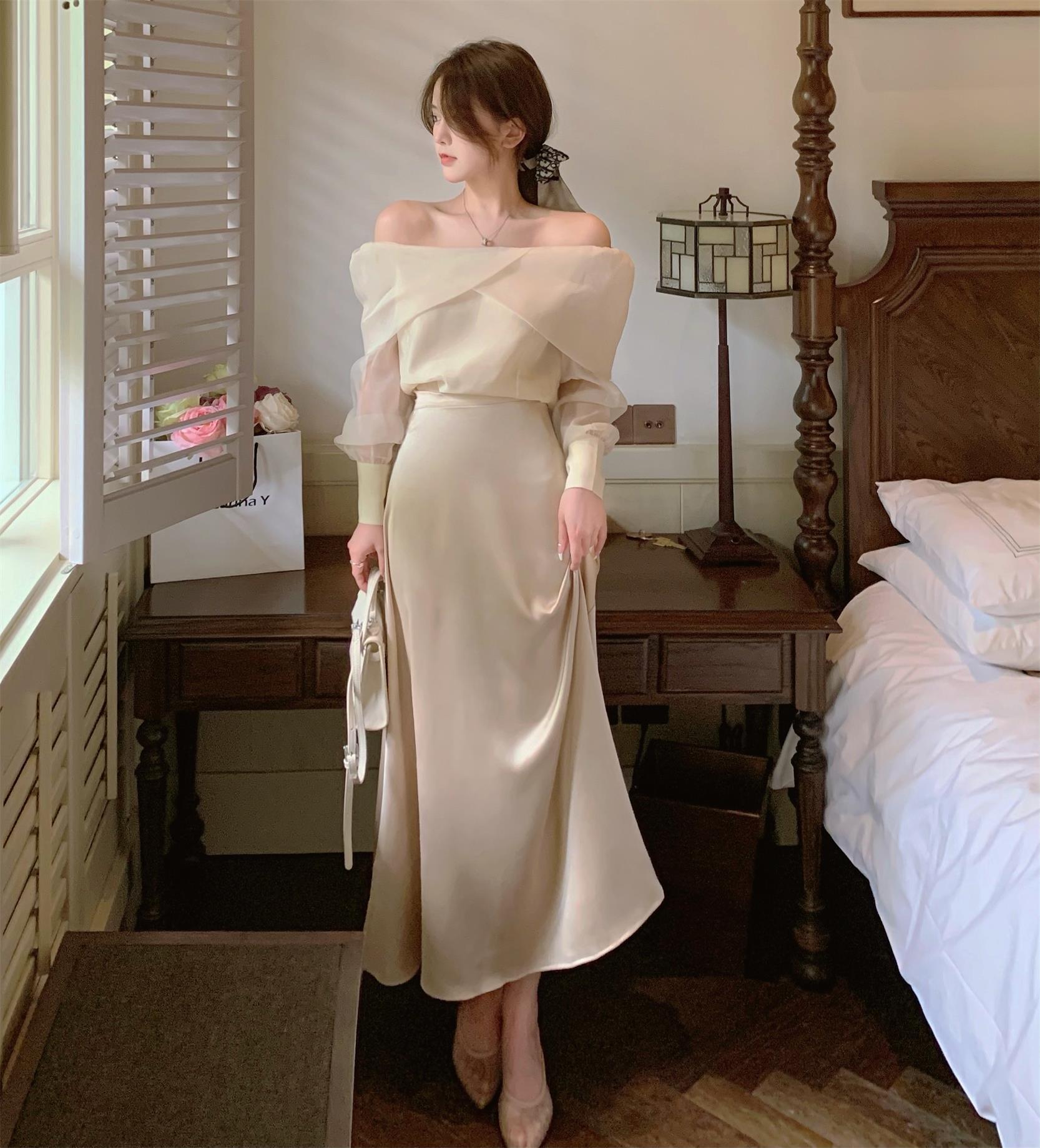 セット ストラップレスシフォントップス ハイウェストAラインスカート YY-ファッション68578908349