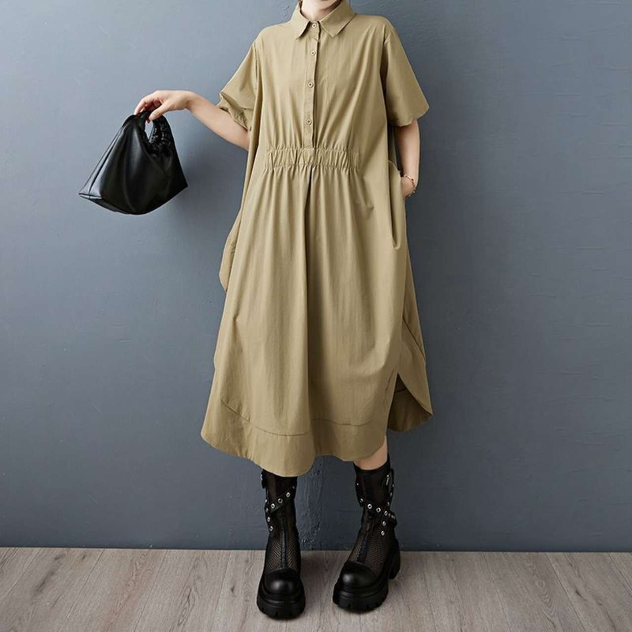 サイドスリット ドレープ シャツワンピース  30162