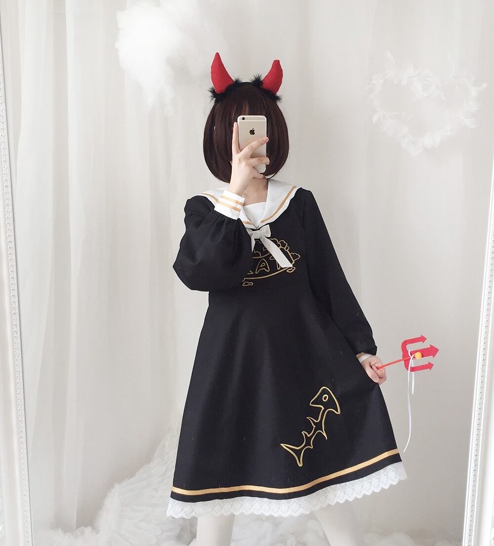 セーラー襟フィッシュボーンワンピース ブラック レッド Different World セーラー襟フィッシュボーンワンピース ブラック レッド Different World