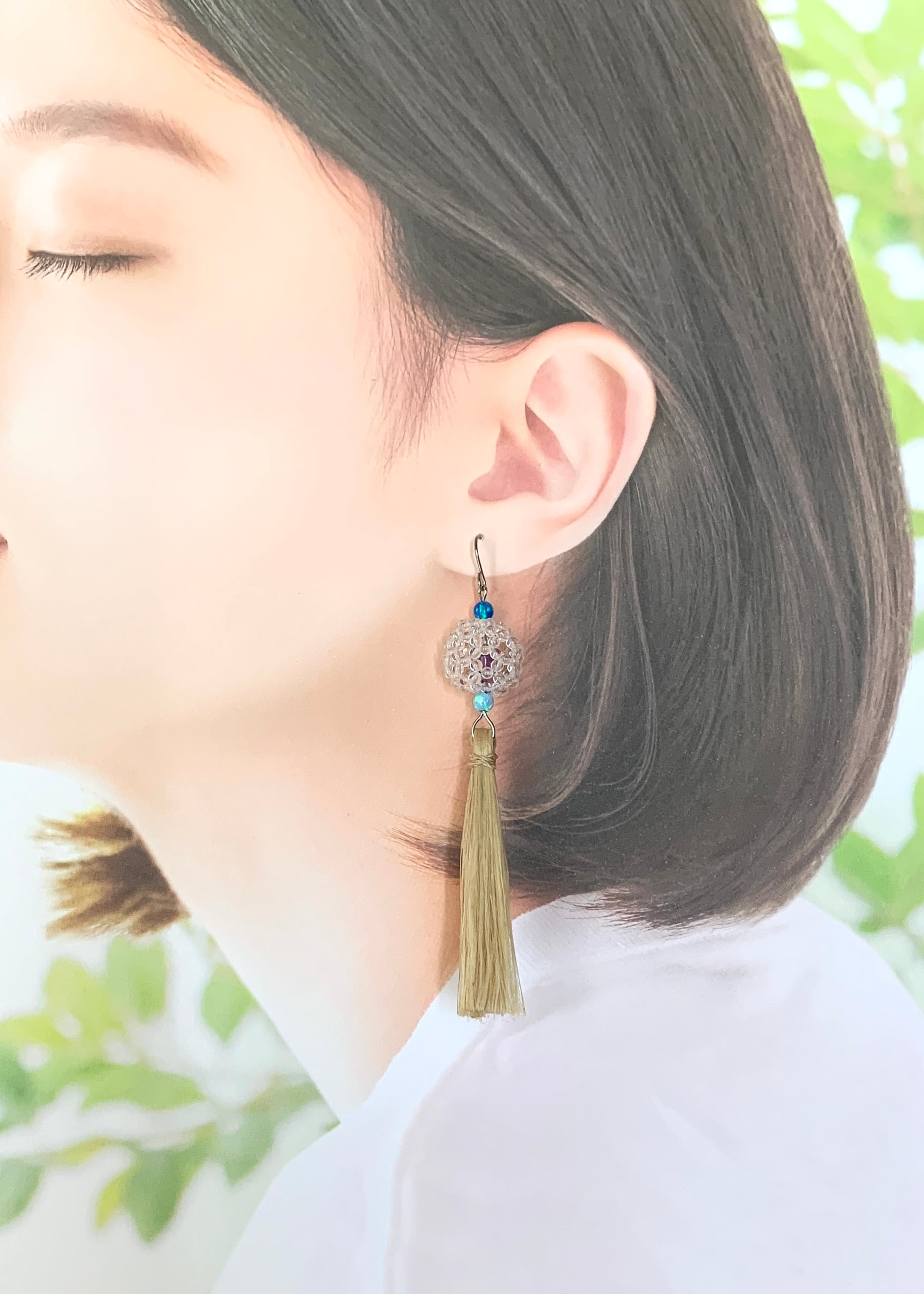 水晶フラーレン＆タッセルピアス、京都オパール＆アメジスト付き