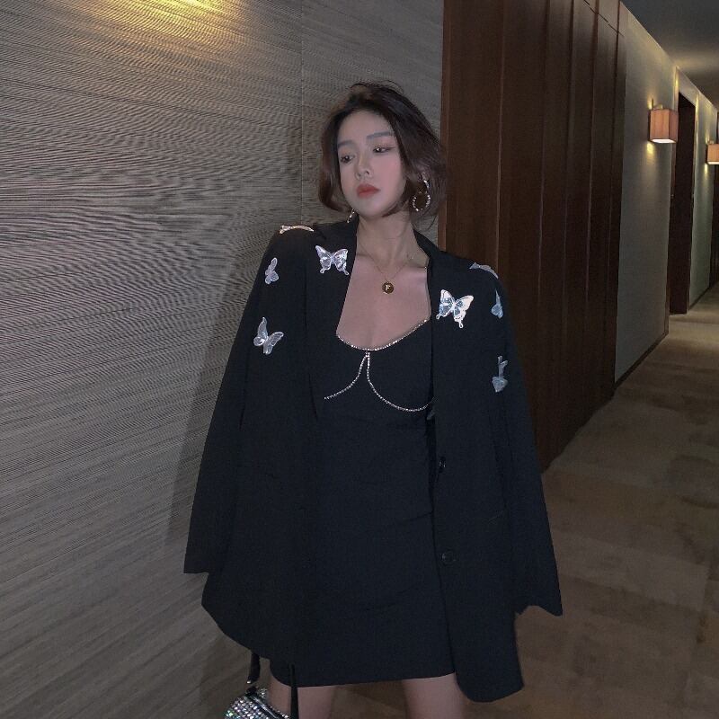 バタフライブラックフライドストリートネットレッドスモールスーツレディース初秋ルーズスーツ2020新しい薄いトップコート ブラックストロベリース25506248846