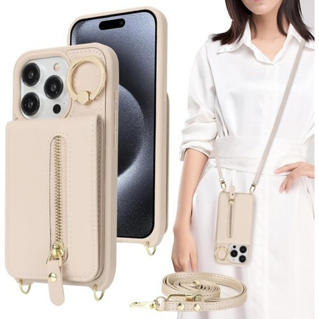 iPhone 15 Pro ケース ショルダー ストラップ付き ショルダーケース 背面フリップ 上下開 手帳型 アイホン 15プロ リング付き カバー スマホケース アイフォン15 pro アイフォン 15プロ 携帯カバー case 適用 iCoverCase リング付き カード収納 縦置き 横置き スタンド 肩がけ 首掛け 斜め掛け 携帯カバー ベージュ 2609