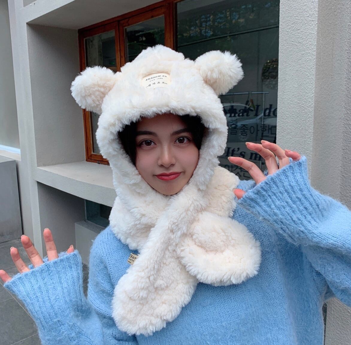 くま耳 フード付き マフラー ボア フェイクファー 可愛い ラテカラー もこもこ ふわふわ あったか キュート かわいい お揃い ディズニーコーデ Lamitte Deco トレンド 韓国ファッション ショップ Base店