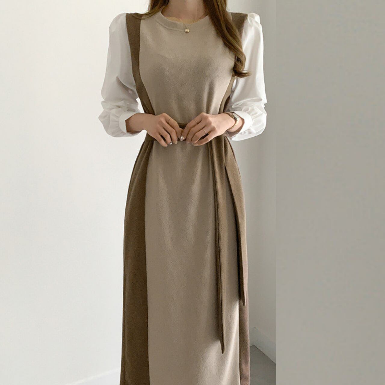 コントラスト ニット ワンピース-ブラウン