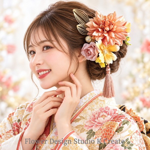 成人式髪飾り| オレンジのダリアとコスモスの和装髪飾り | オレンジ　和装婚　結婚式　神前式　色打掛　タッセル　薔薇　