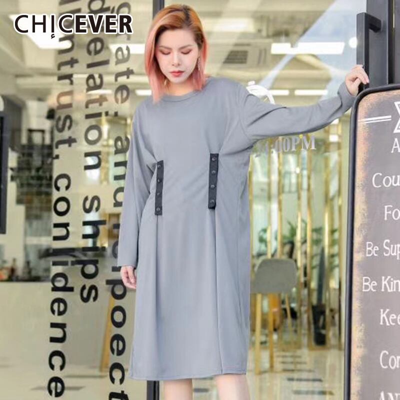 CHICEVERレディースドレスOネック長袖パッチワークヒットカラーオーバーサイズミディドレスレディース春服2020 ロング スプリング 春物 6base544914662247