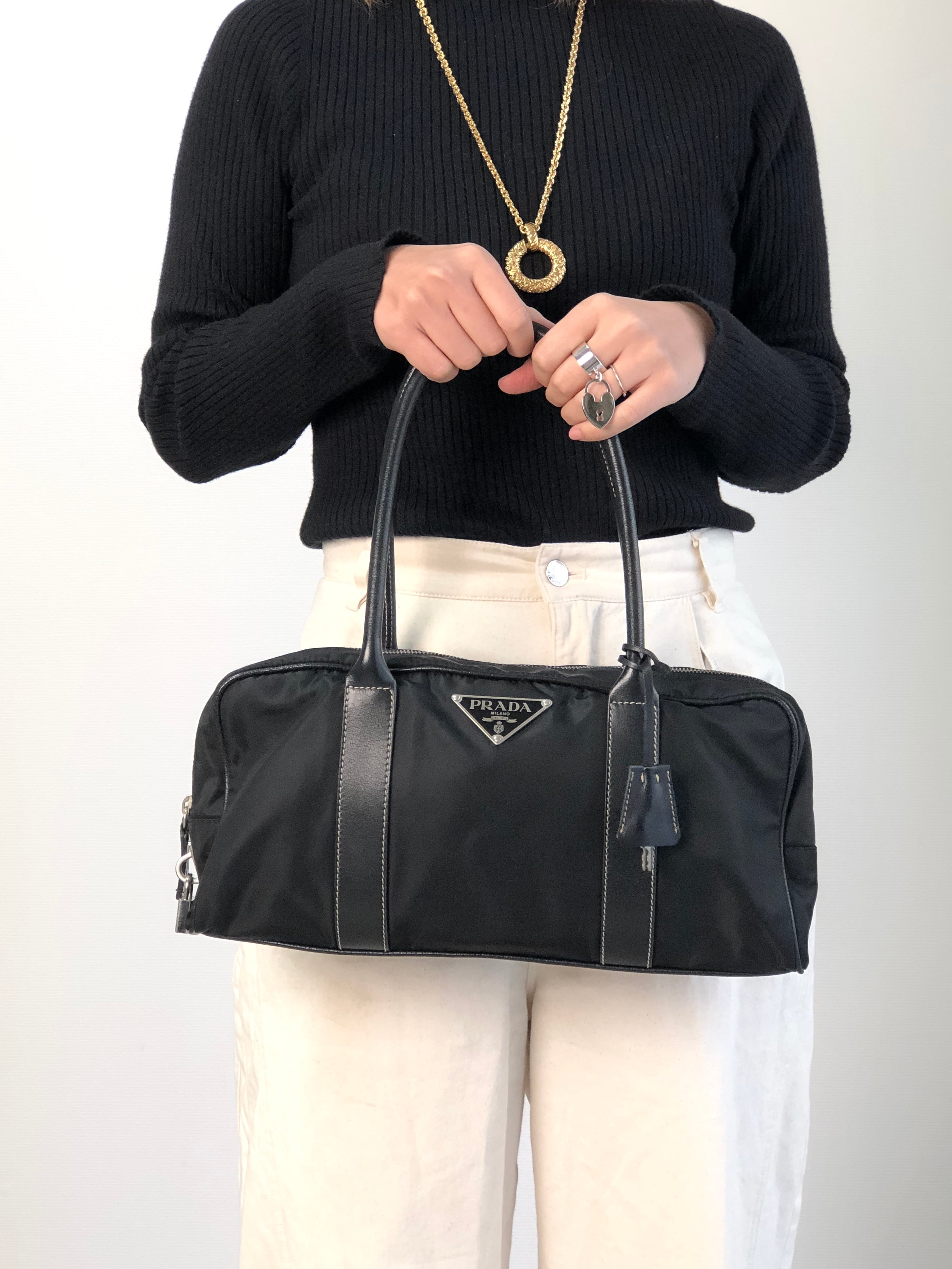 PRADA プラダ ハンドバッグ ブラック トライアングルロゴ ナイロン カデナ ミニボストン vintage ヴィンテージ オールド xxiw34