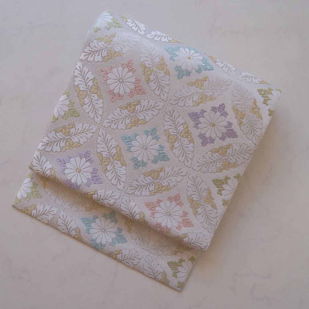 【ふくろ帯】六右衛門 とみひろ謹製 灰白 花菱 七宝繋ぎ 金銀糸 唐織 ふくろ帯