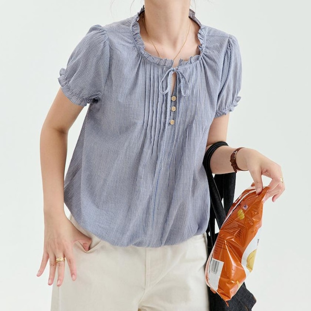 pintuck ruffled-neck striped blouse