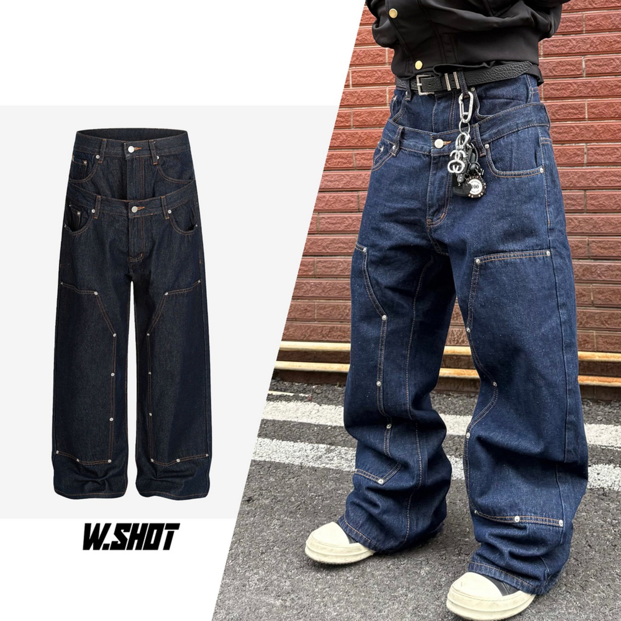 ストリート  フェイクレイヤードデニムパンツ P402