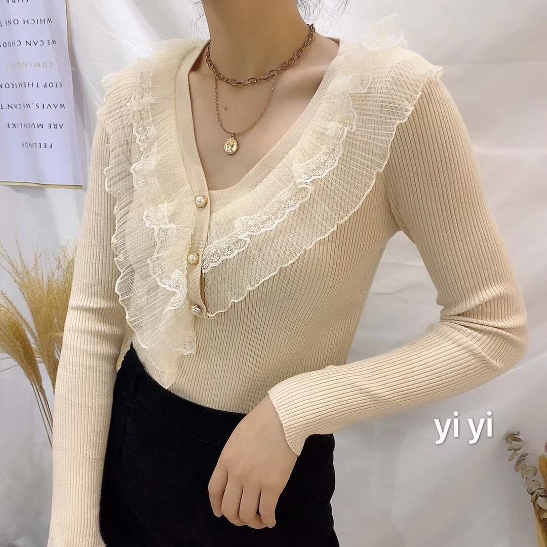 パールボタン　レースフリルリブニット　　AJ111-887