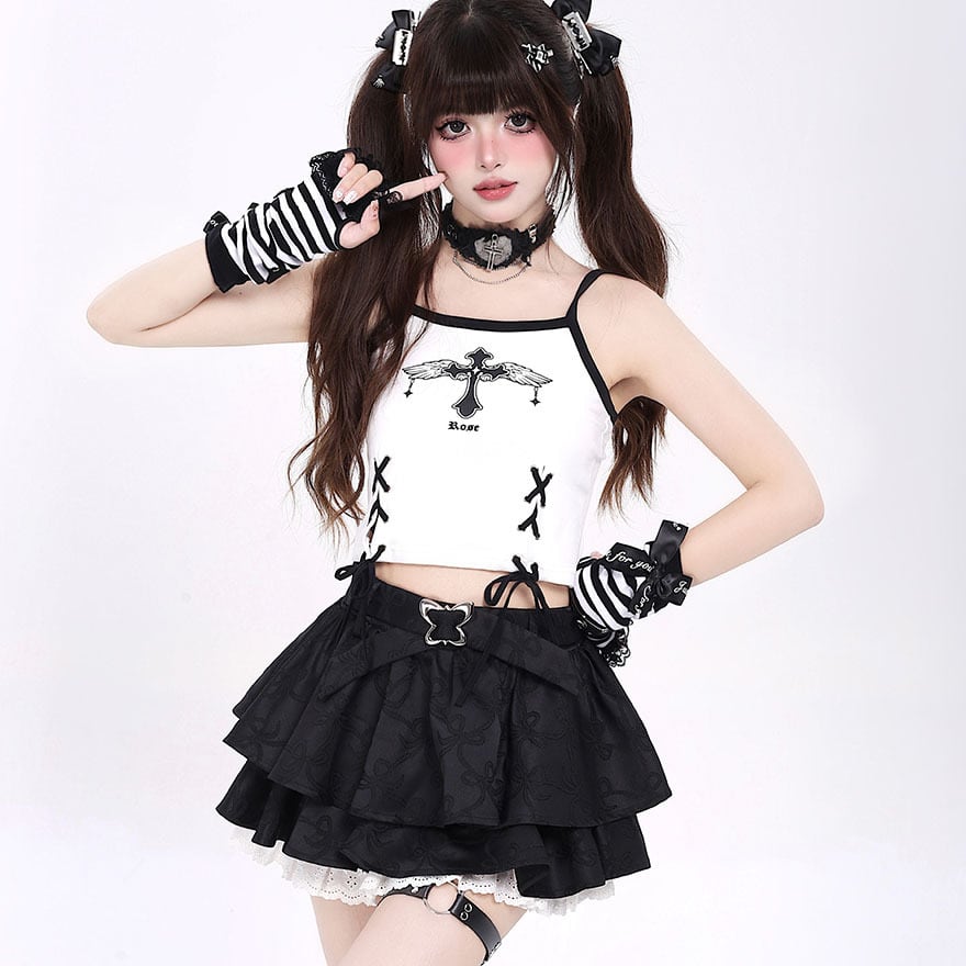 即納 キャミソール トップス 十字架 レースアップ リボン 闇かわいい