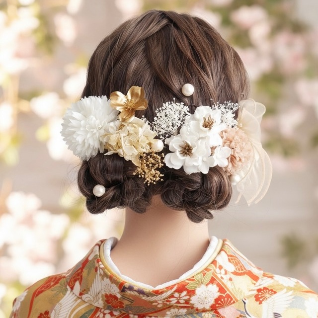 A315 桜とマムの髪飾り　ドライフラワー　水引　白　ゴールド　成人式　振袖　結婚式　卒業式