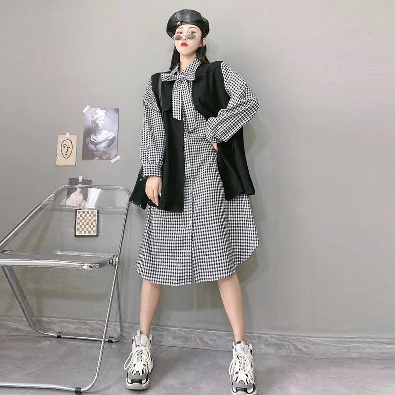大きいサイズは薄いチョッキトップチェック柄シャツドレス女性秋脂肪mm大きい腹スカートチョッキファッションでした ミックスインファッション48606817273