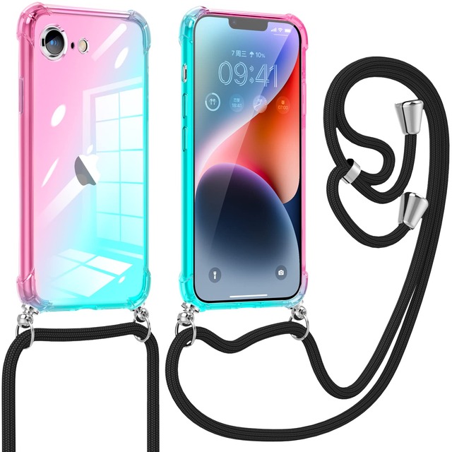 Duluqboba 対応 iPhone SE3 / SE2 / 8 / 7 用の ケース クリア ソフト TPU グラデーション 耐衝撃 肩掛け