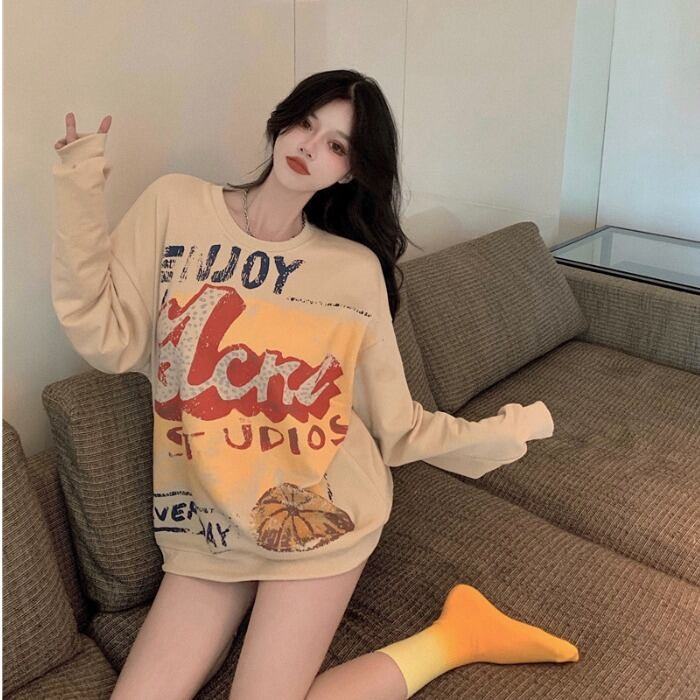 ラウンドネック長袖スリーブプルオーバー ルーズトップス ロング Oネック ドラファッションホール14841520912