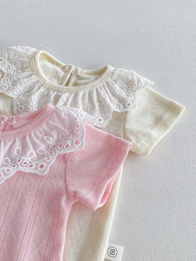 【BABY】フラワーレースフリル襟半袖リブロンパース - 17