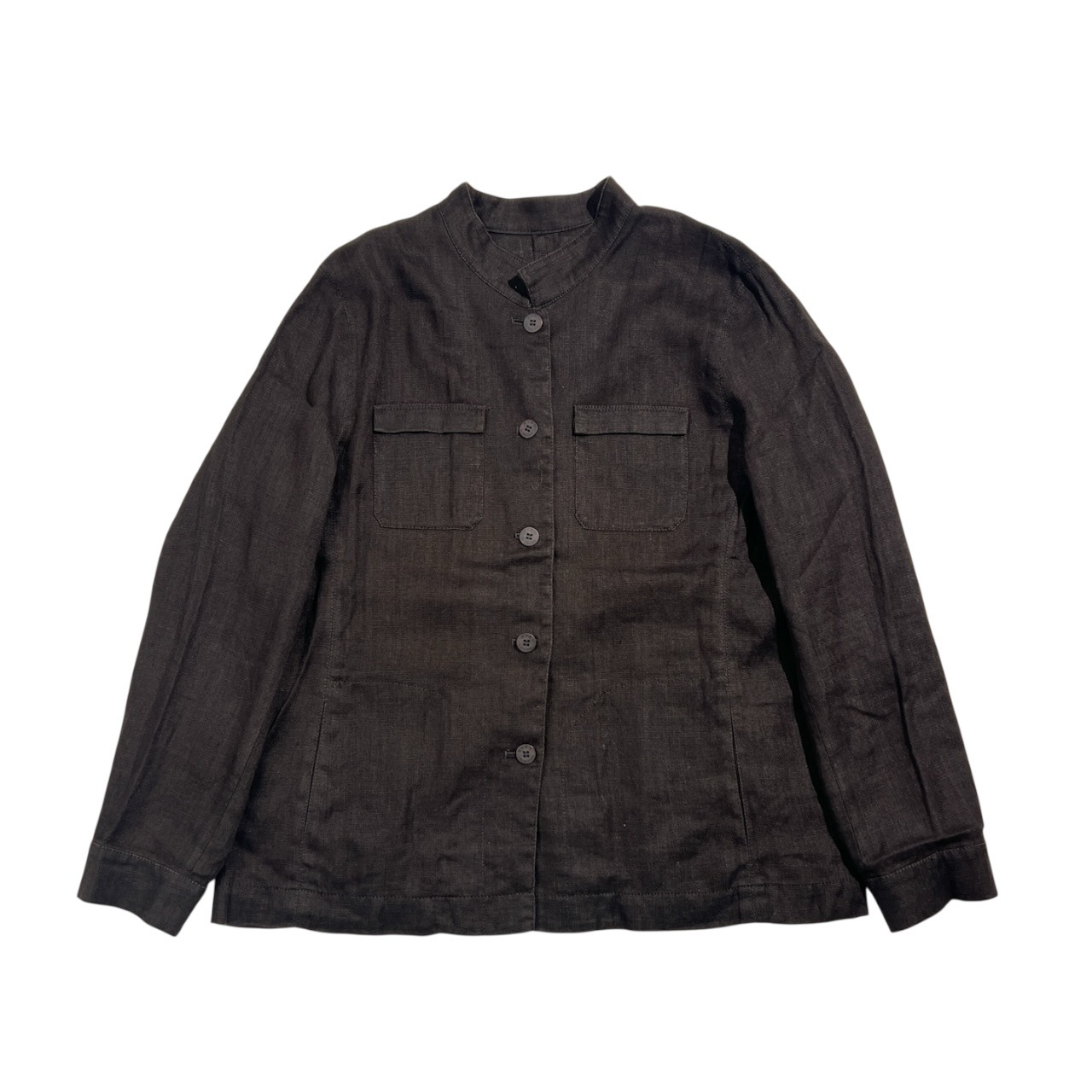 リネン100% EVEX by KRIZIA エヴェックスバイクリッツィア 立ち襟 ダブルポケット ジャケット 46/ダークブラウン系 レディース 三陽商会