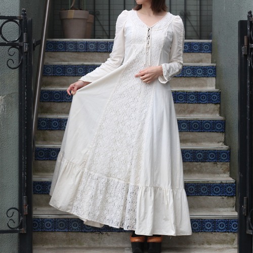 *SPECIAL ITEM* 60's～70's GUNNE SAX LACE DESIGN LONG DRESS ONE PIECE/60年代～70年代アメリカ古着ガニーサックス黒タグレースデザインロングドレスワンピース