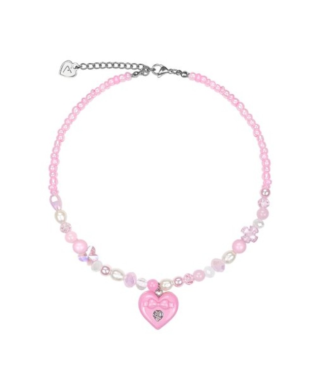 [VVV] Pink Ribbon Heart Mix Beads Necklace