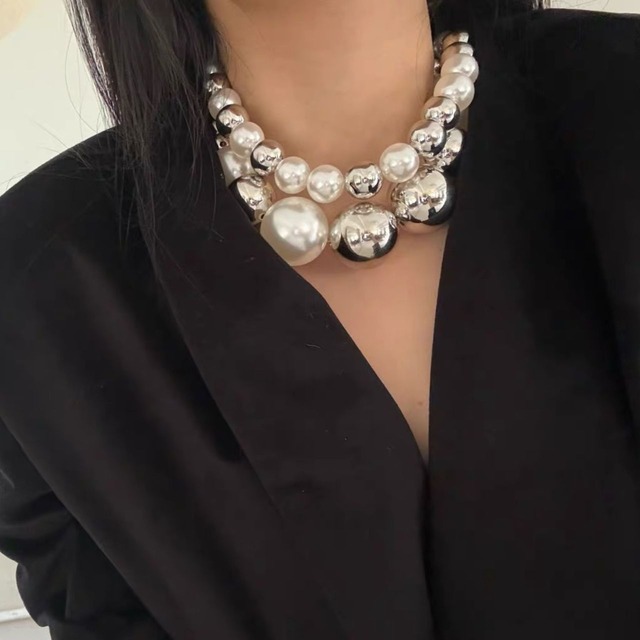 パール×メタルmixネックレス【2size】　0557