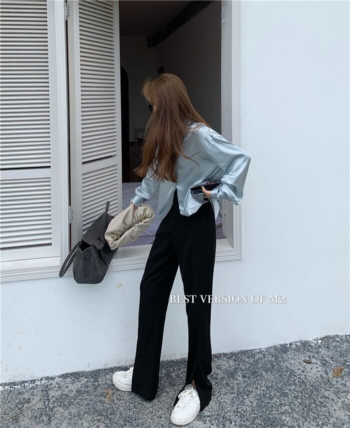 黒のハイウエストストレートレッグカジュアルスーツパンツレディース秋スリミングルーズワイドレッグパンツスプリットドレープパンツ ブラックストロベリース40386864515