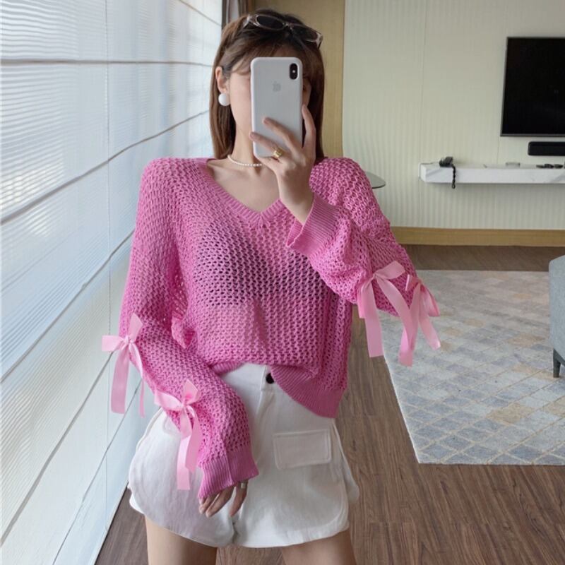 薄手セーター サマーVネックシャツ トップス レディース ロング リボン 夏物 ステッチ ハンチェンe13025214734