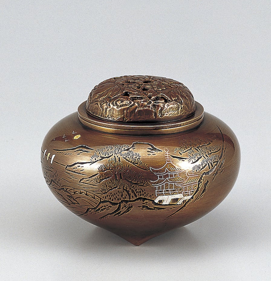 平型楼閣山水香炉