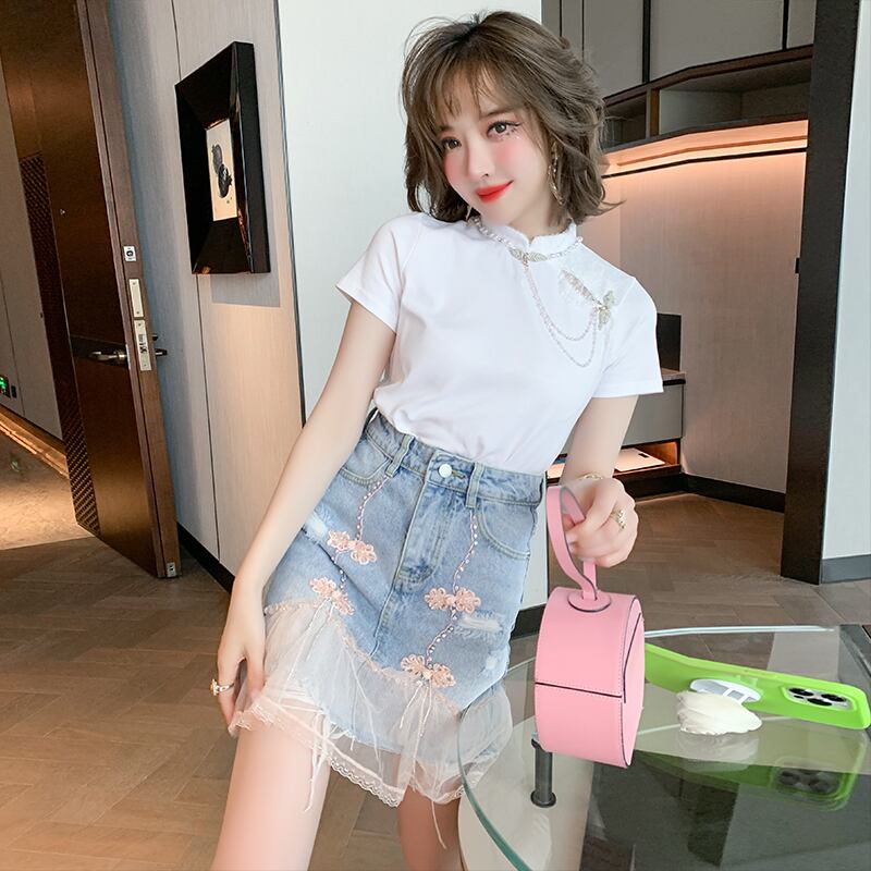 スタイルチェーン スタンドカラーカラーボタンレースソリッド Tシャツ ソリッドカラー ステッチ MIUCO40403866190