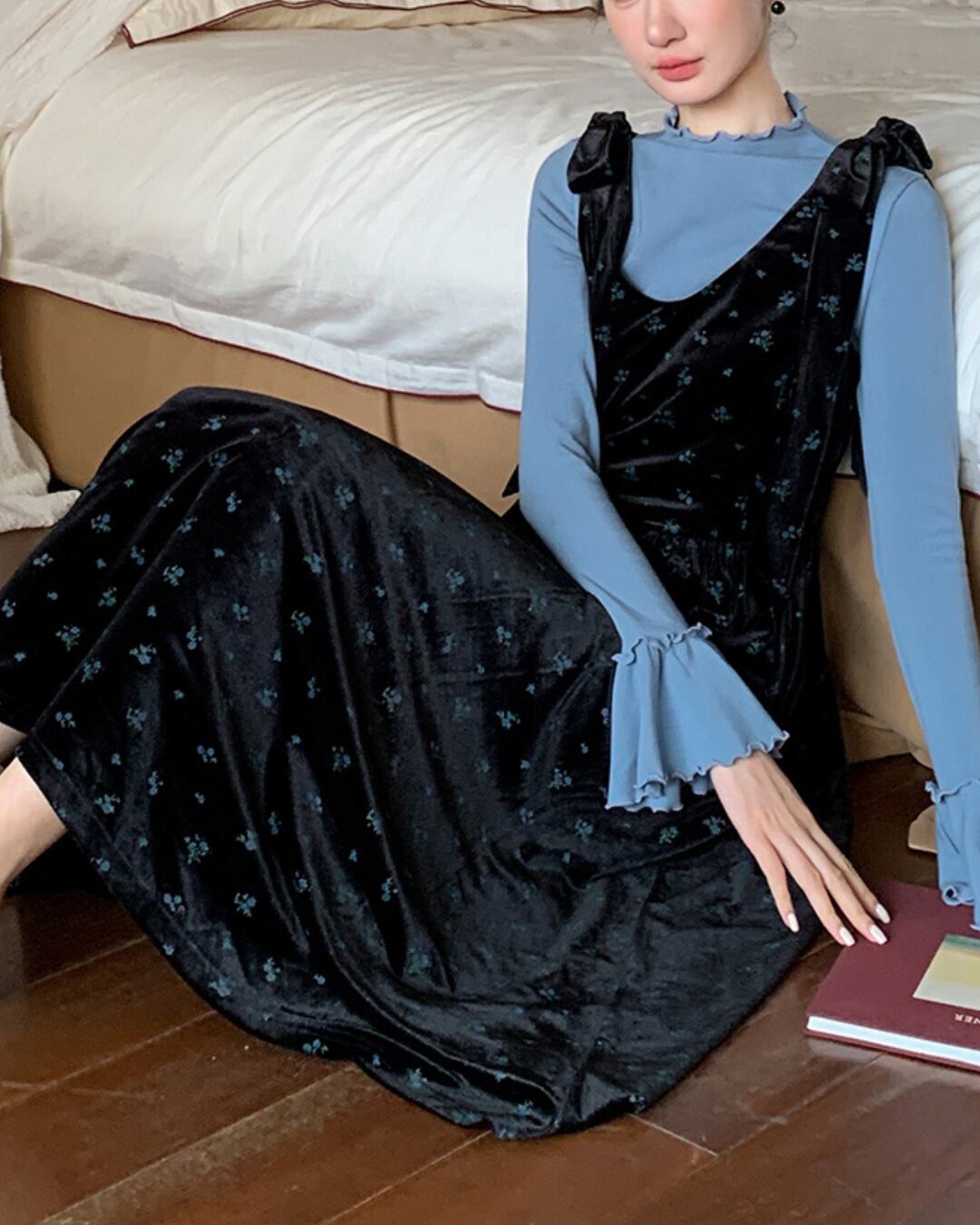 リボンショルダーフラワーキャミワンピース l5141