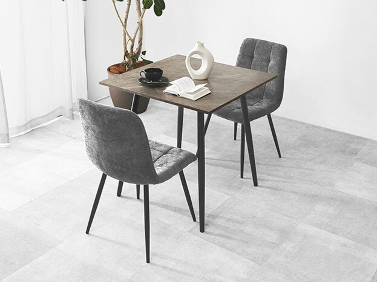 75×75cmカフェテーブル3点セット 大理石調 【チェア：ダークグレー】・画像4