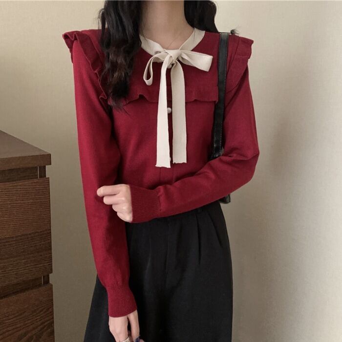 セーター レディーススプリングスタイルカラースリーブシャツ リボン 大人ガーリー スウィート キュート カジュアル 春物 YY-ファッション42846234485