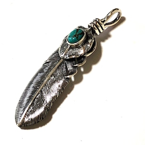 シルバー925 ネックレストップ フェザー ターコイズ Lサイズ