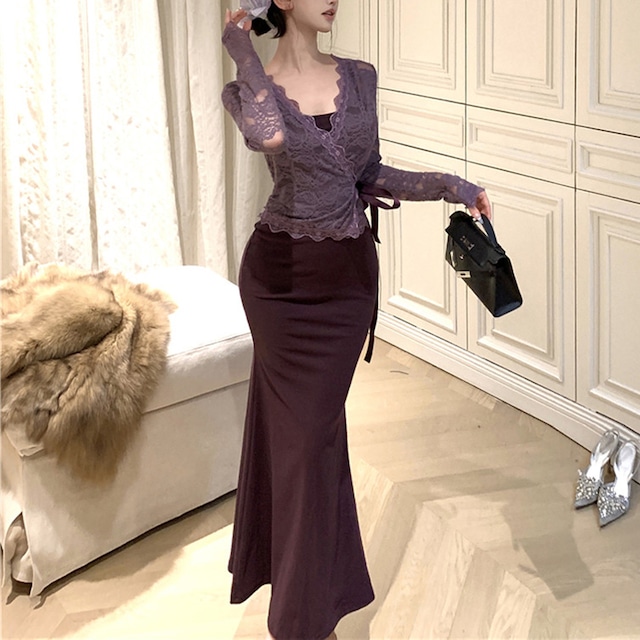 3colors クロス Vネック 長袖 レース カーディガン＋キャミソールワンピース 2点セット