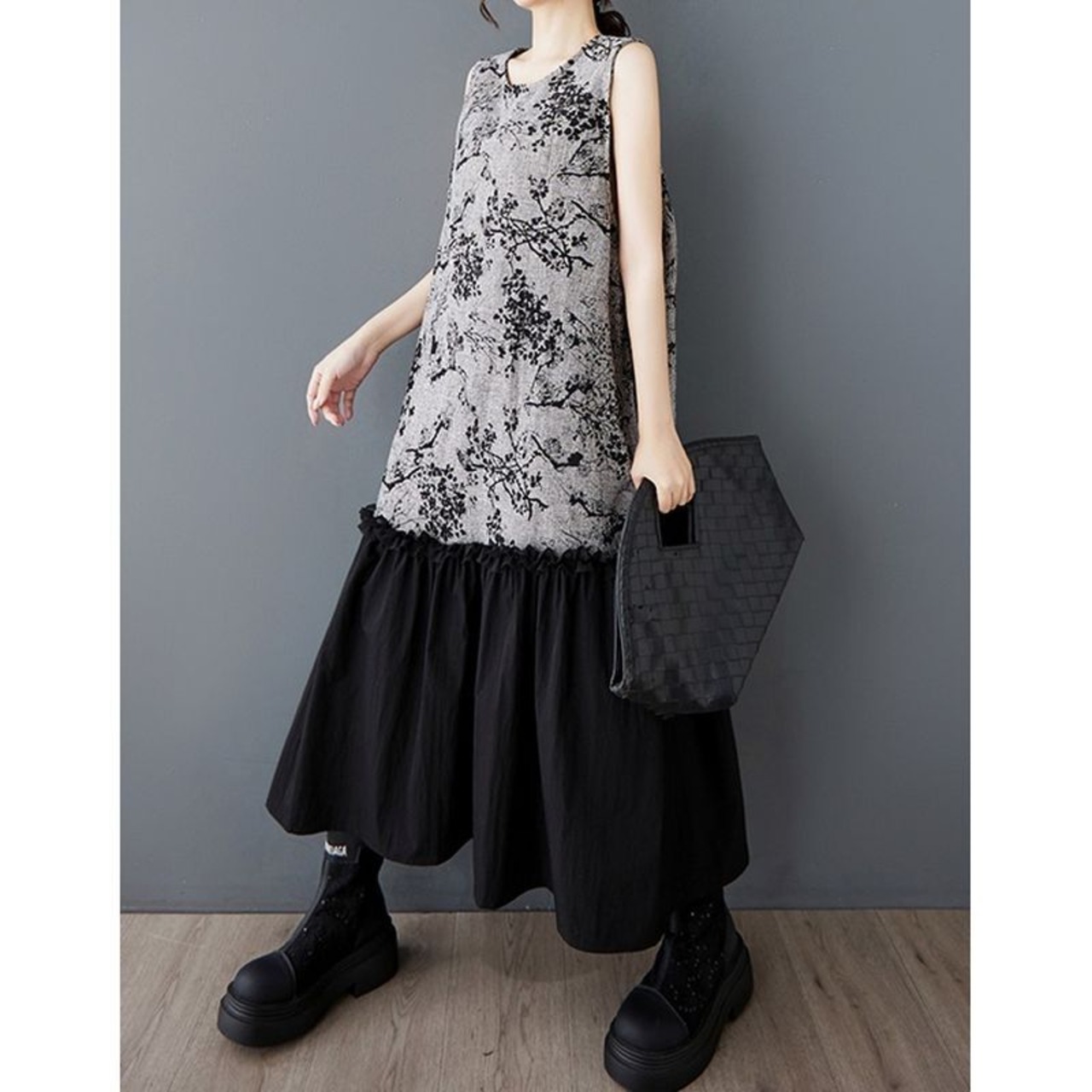 花模様 切り替えノースリーブワンピース  30107