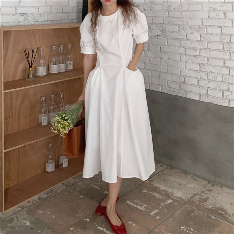 店長推薦 韓国ファッション ホワイト ワンビース ウエスト ポケット半袖 気質 ロングスカート ゆったりする