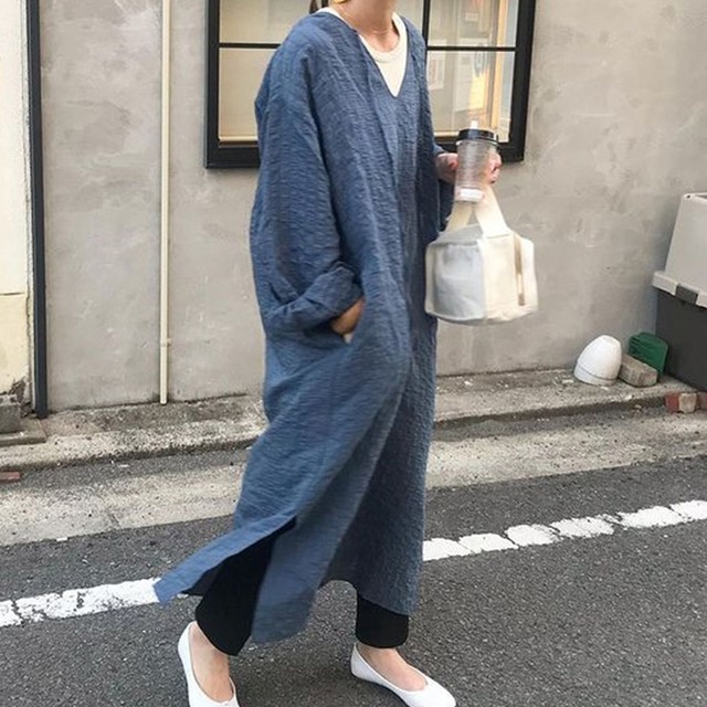 秋新作 ワンピース ロング丈ワンピース 長袖 スリット レディース 体型カバー 大人可愛い