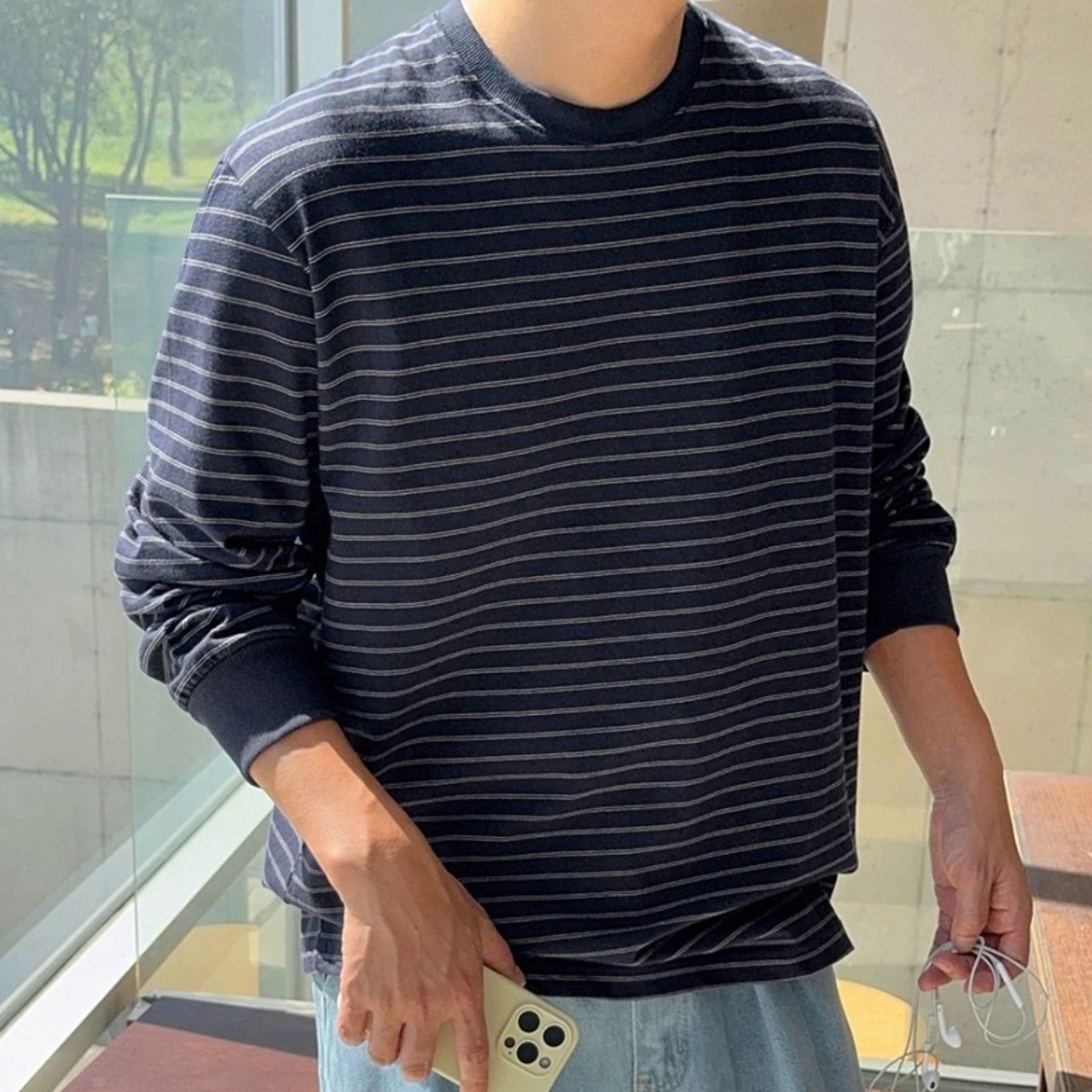 シンプルベーシック細ボーダーロングTシャツ　1324
