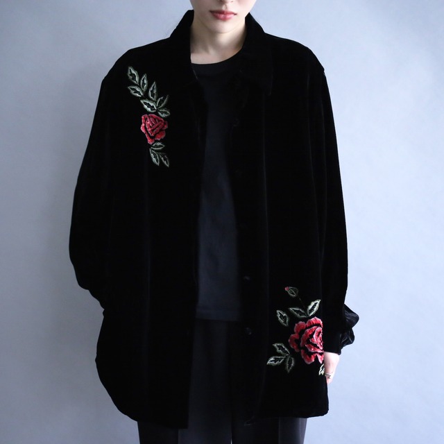 "薔薇×刺繍" asymmetry pattern loose black velours shirt
