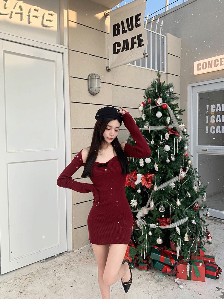 【新作】【送料無料】 ウエスト付き女性用ホワイトバーガンディスクエアネックニットドレス、秋と冬のインナーレイヤリングスカート、セーター、ヒップスカート、クリスマスドレス 0213357334054