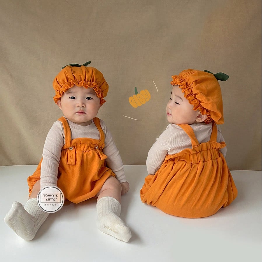 ベビー女の子男の子かぼちゃサロペットロンパース 帽子付き ハロウィン
