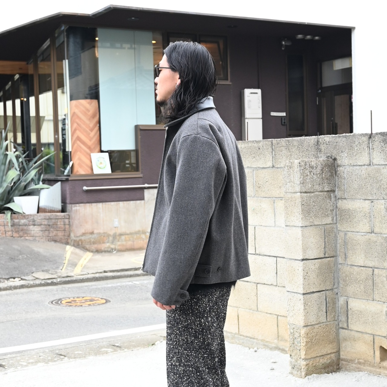 INTERIM / HEAVY MELANGE FELTED VIRGIN WOOL DEADSTOCK LEATHER COLLAR HARRINGTON JACKET